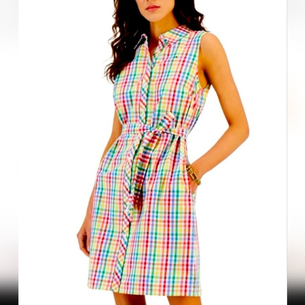 New TOMMY HILFIGER - CHECKED BUTTON DOWN SLEEVELESS TIE FRONT SHIRT DRESS
